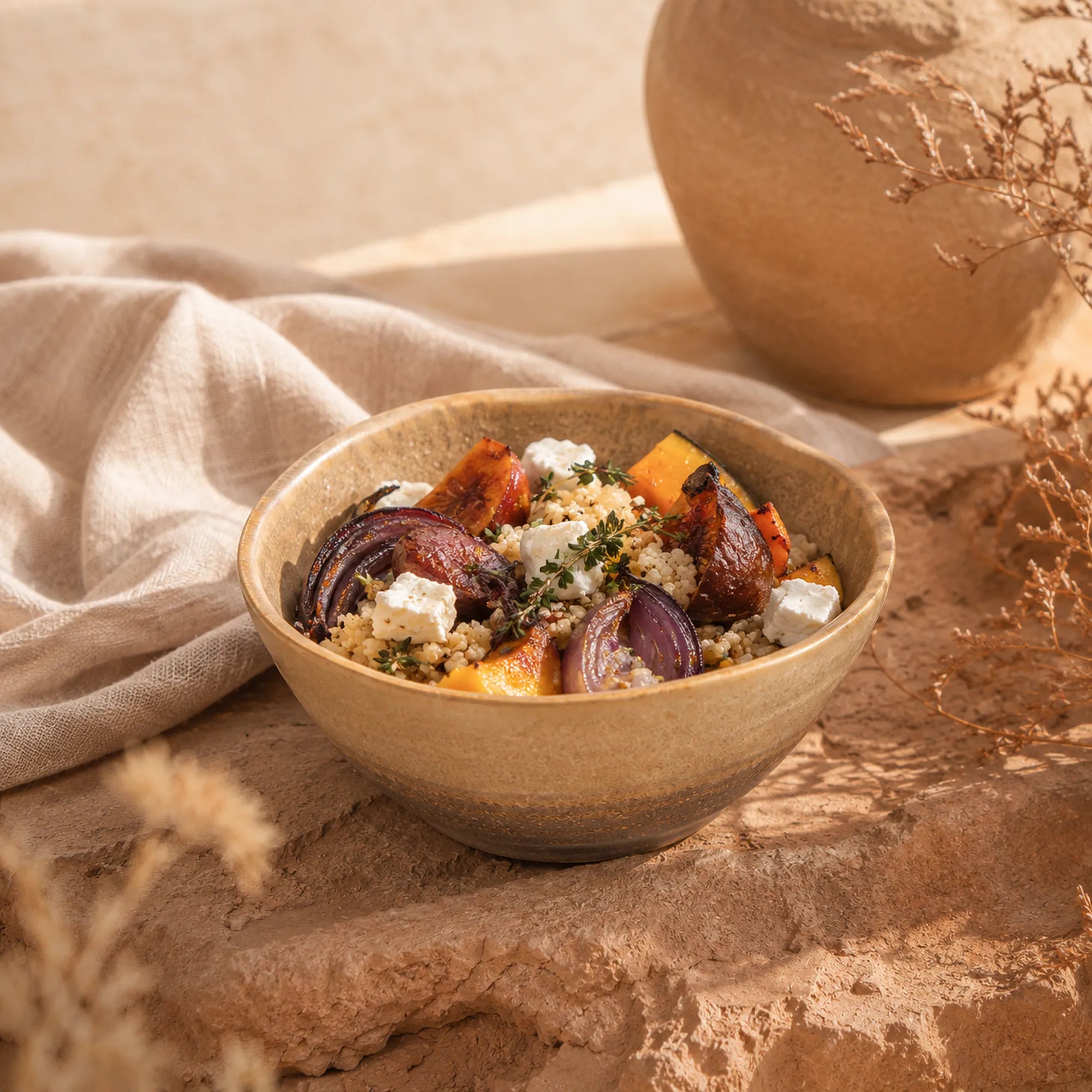 Sand brown ceramic rice bowl served with fresh food