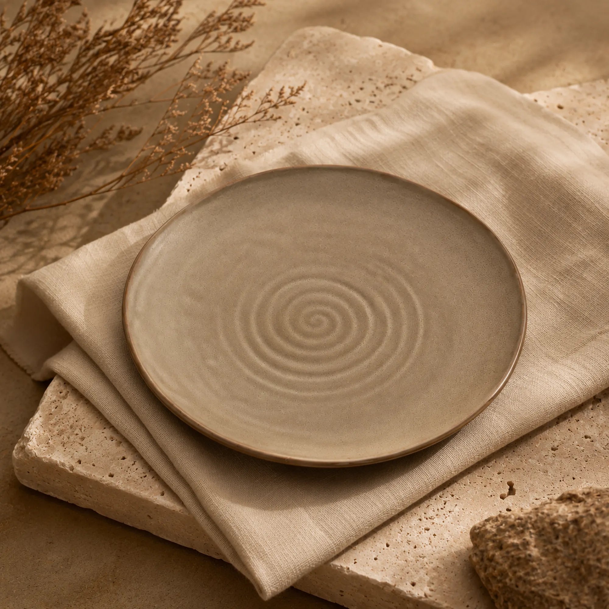 Sand brown ceramic dinnerware styled on a natural dining table
