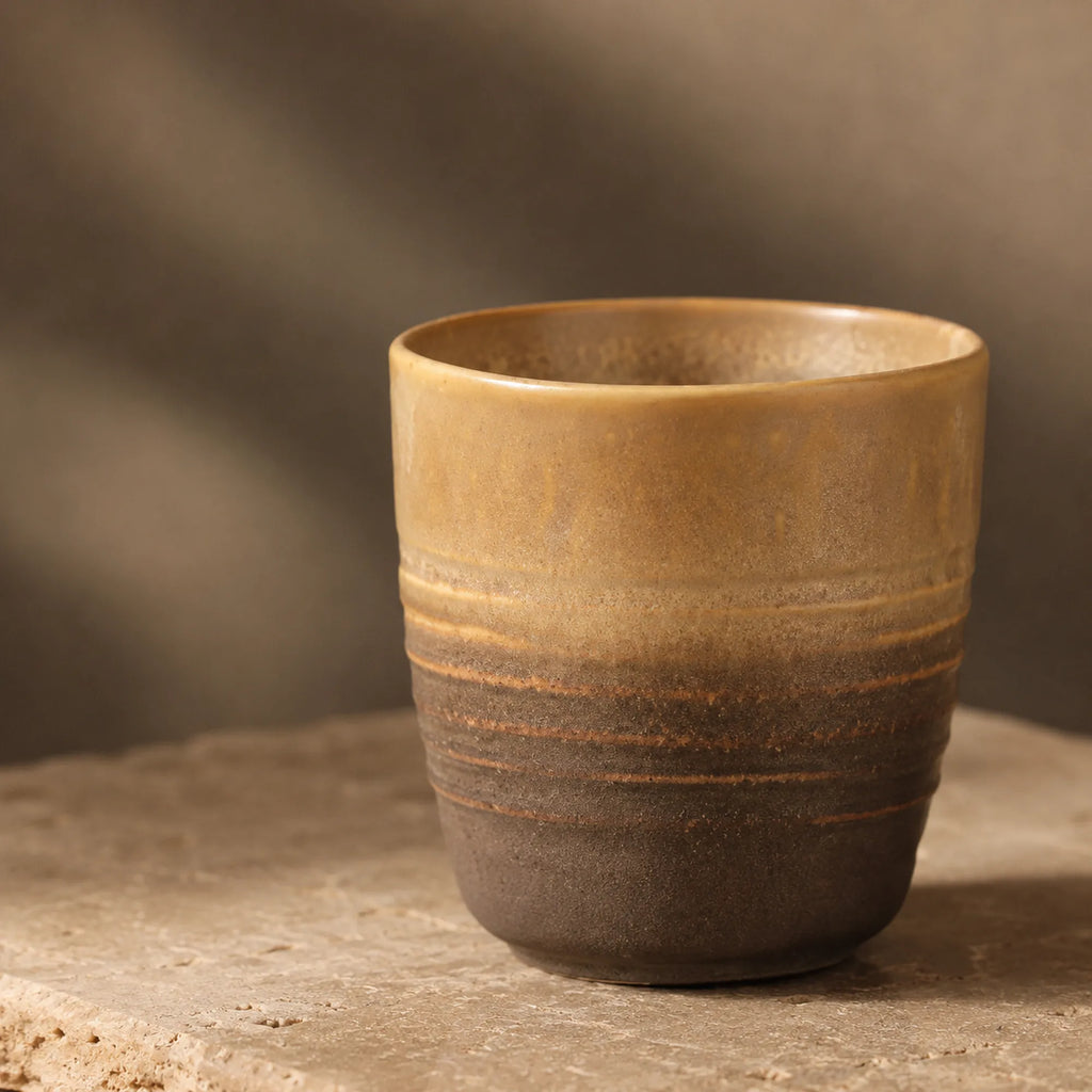 Close-up glaze detail of sand brown ceramic tea cup