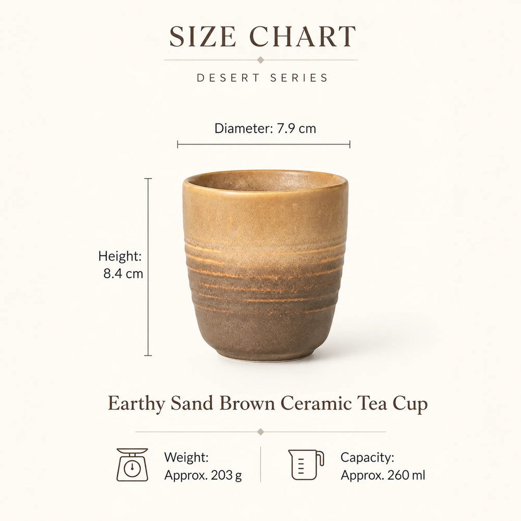 Dimensions of earthy sand brown ceramic tea cup