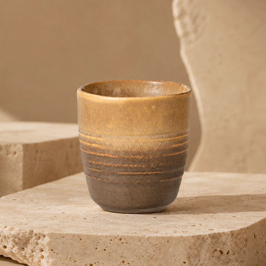 Earthy sand brown ceramic tea cup with soft organic glaze