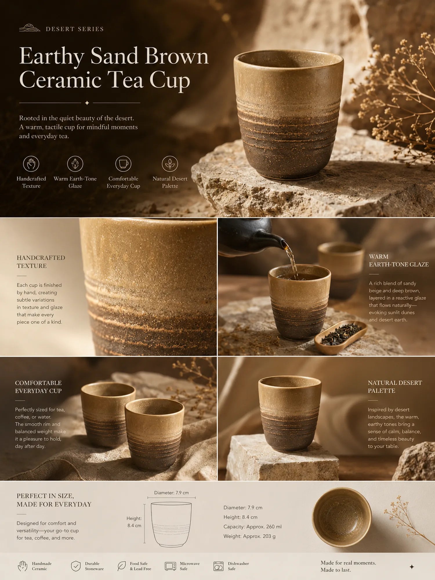 Detailed overview infographic of sand brown ceramic tea cup featuring organic glaze texture, tea styling, and product dimensions