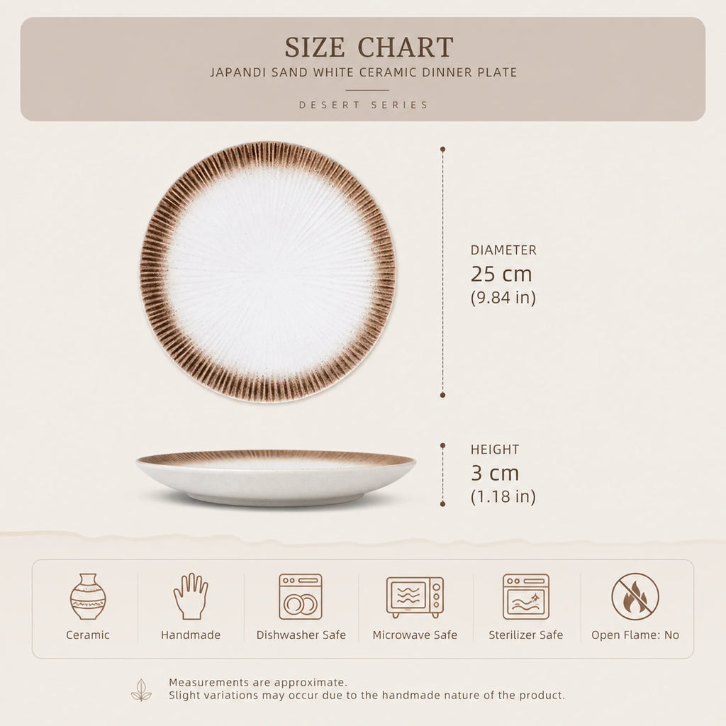 Dimensions of japandi sand white ceramic dinner plate