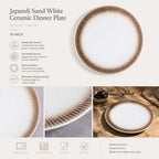 Detailed overview infographic of sand white ceramic dinner plate featuring matte ceramic texture, dining styling, and product specifications