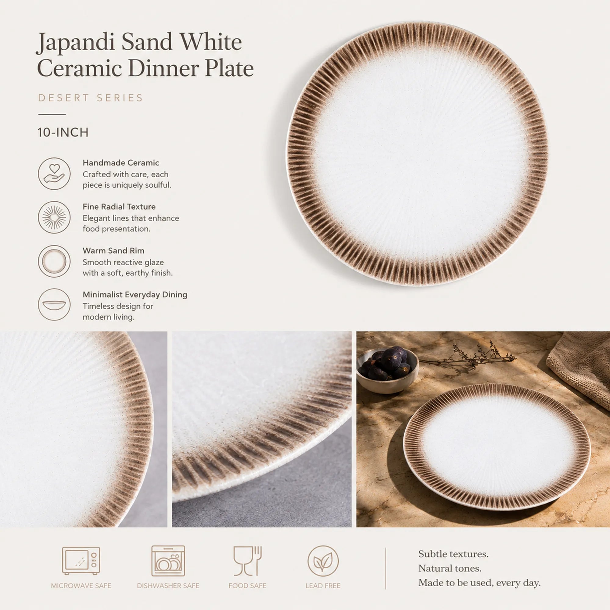 Detailed overview infographic of sand white ceramic dinner plate featuring matte ceramic texture, dining styling, and product specifications