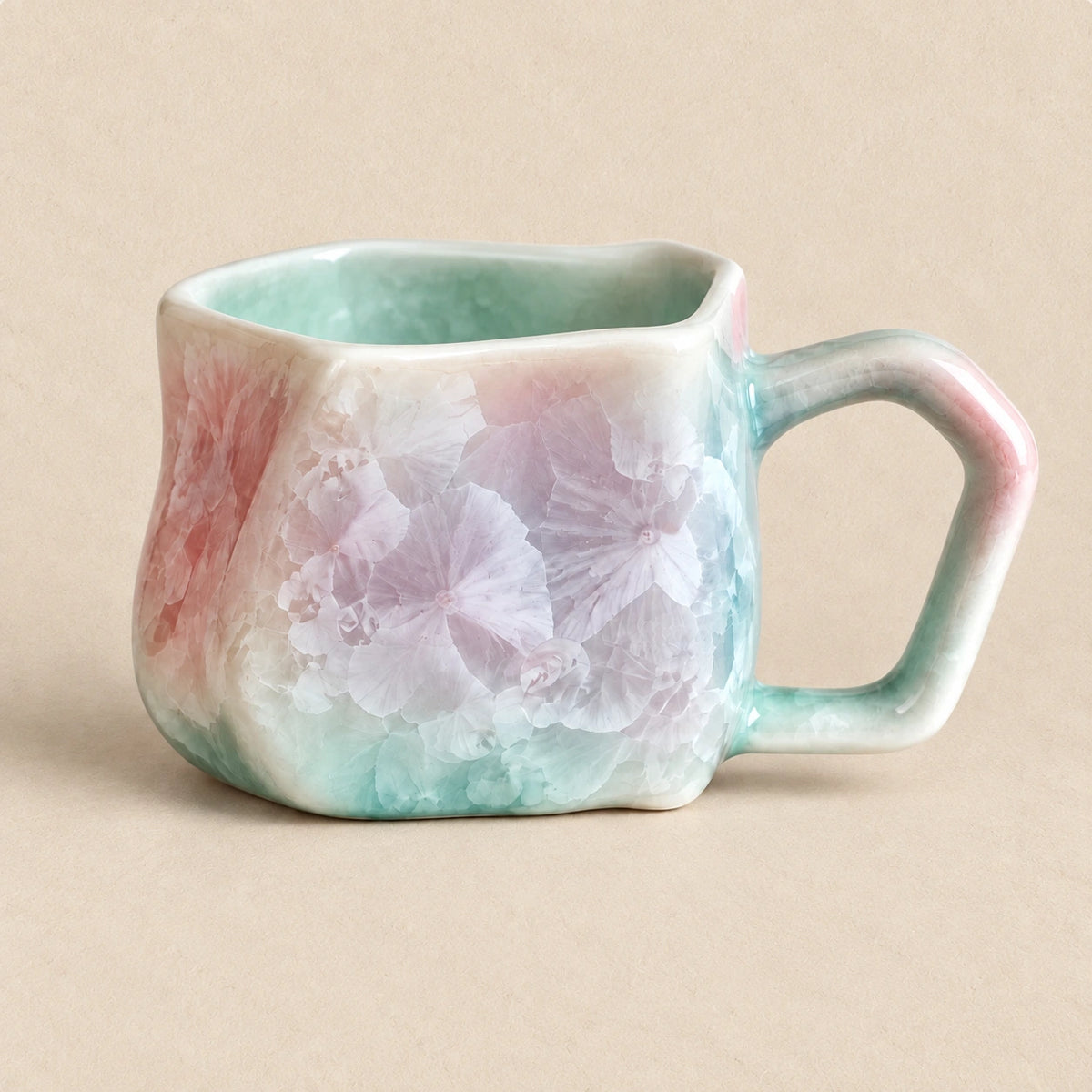 Seafoam Blush ceramic mug with seafoam green, blush pink and ivory crystalline glaze