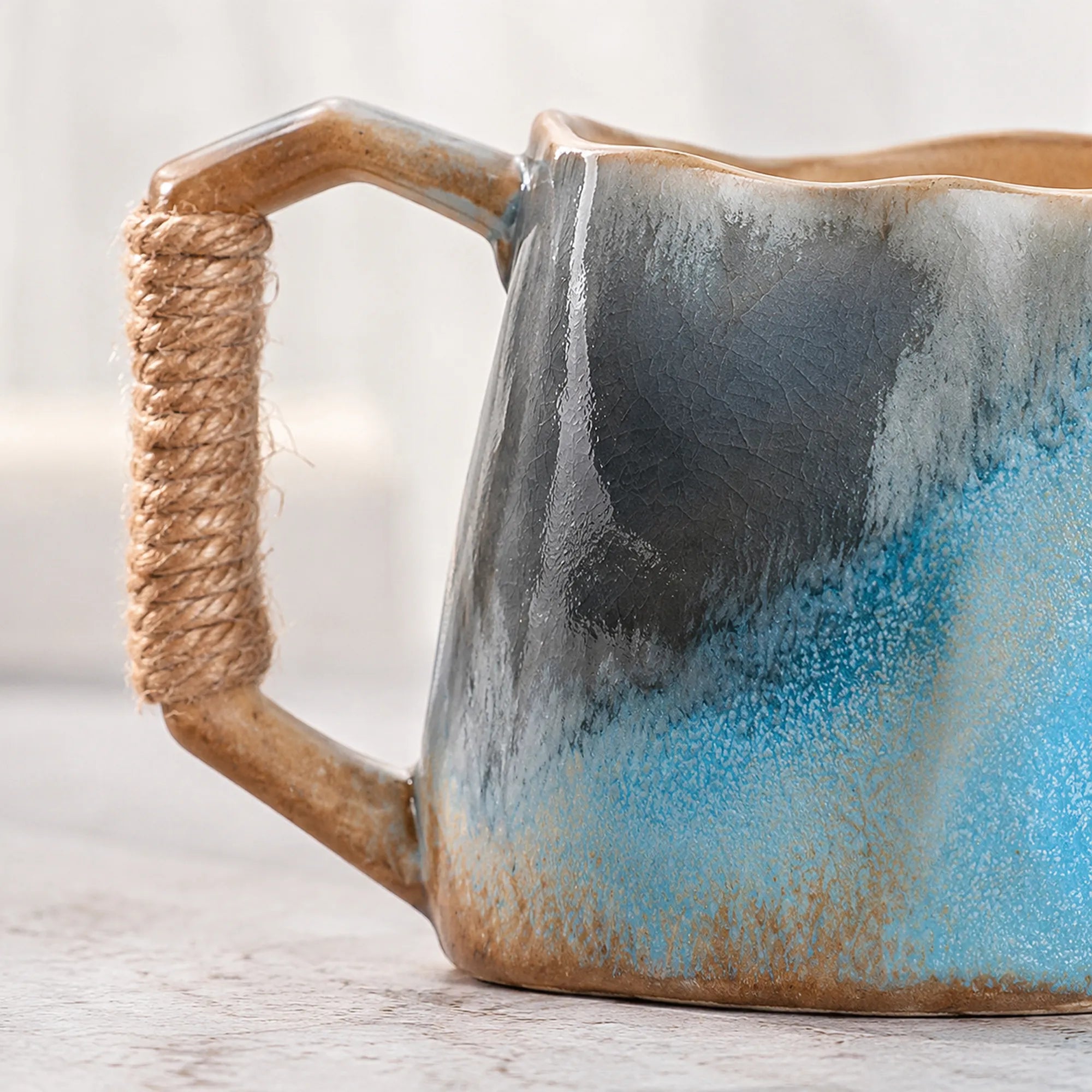 Close-up ceramic texture of soft sky blue coffee mug