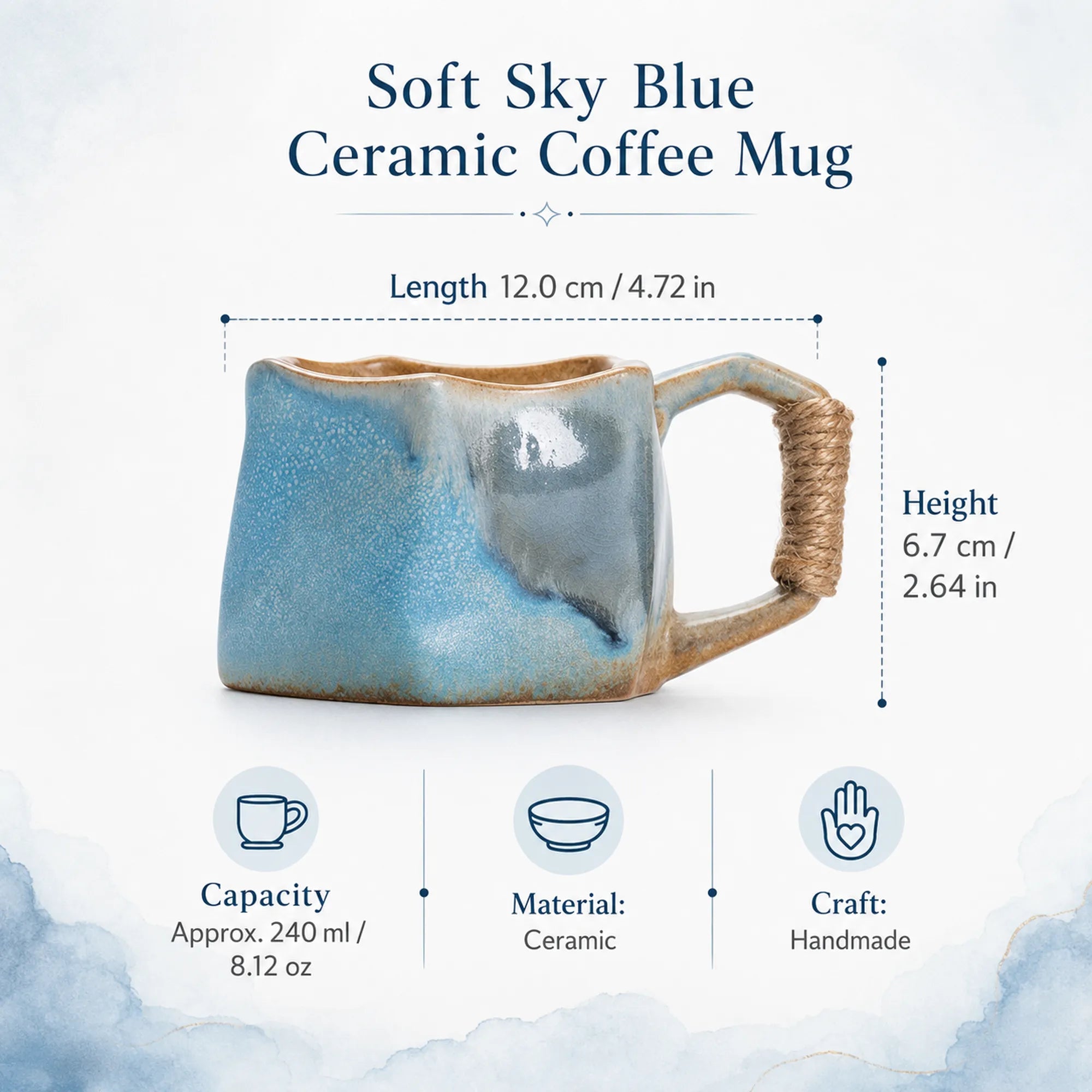 Dimensions of soft sky blue ceramic coffee mug
