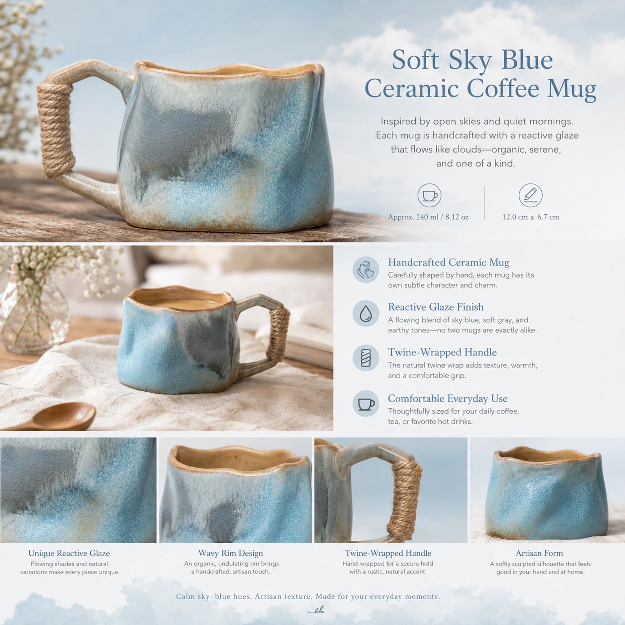Detailed overview infographic of soft sky blue ceramic coffee mug featuring reactive glaze texture, coffee styling, and product dimensions
