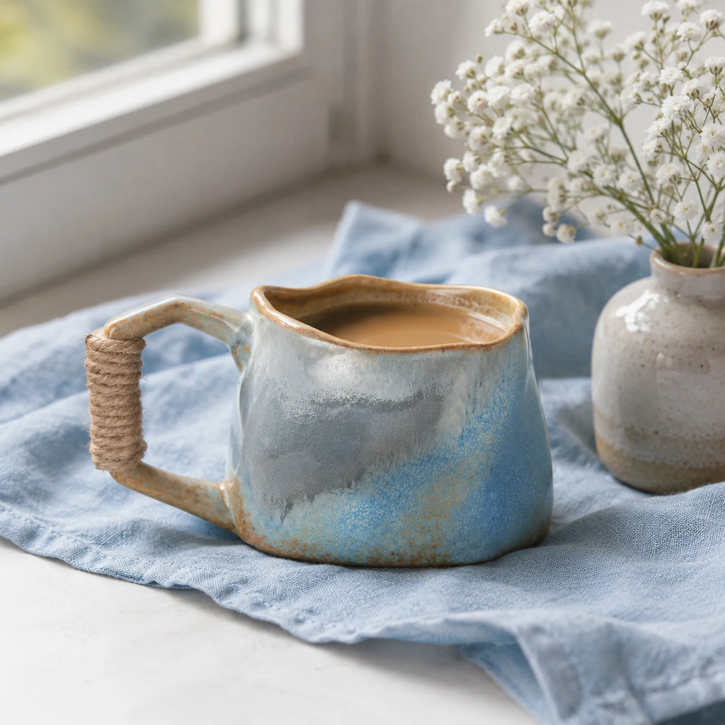 Soft blue ceramic coffee mug styled on a modern coffee table