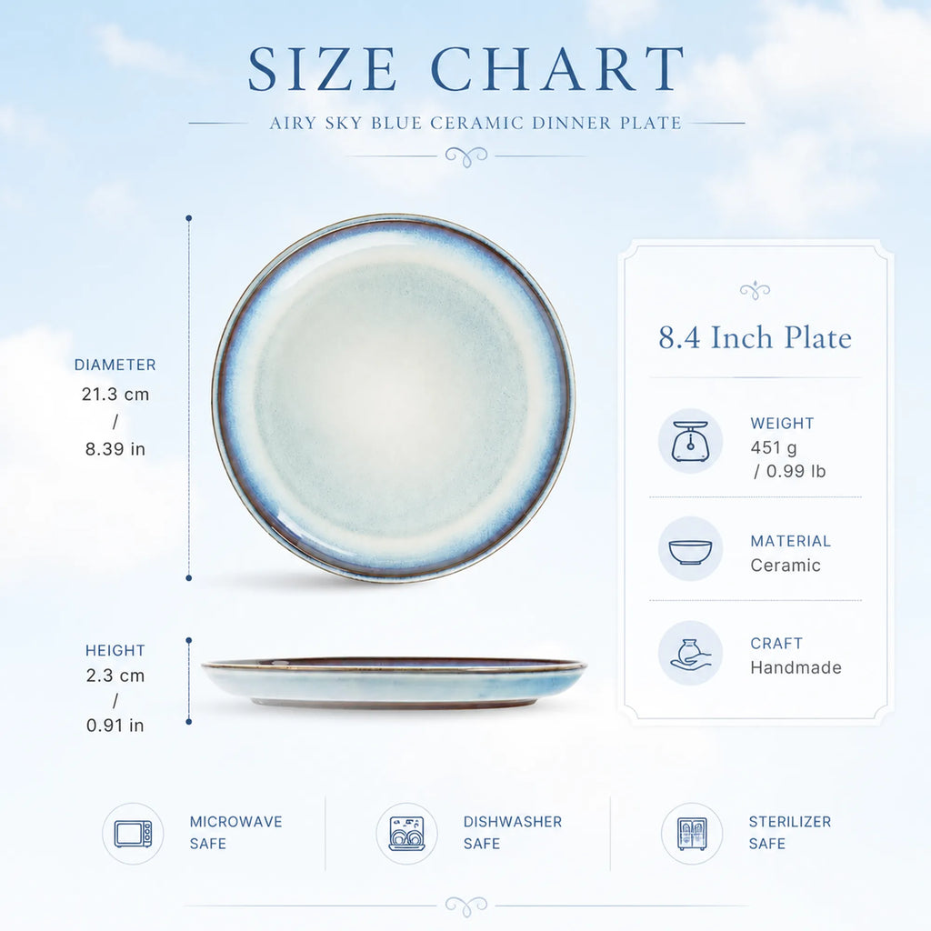 Dimensions of airy sky blue ceramic dinner plate