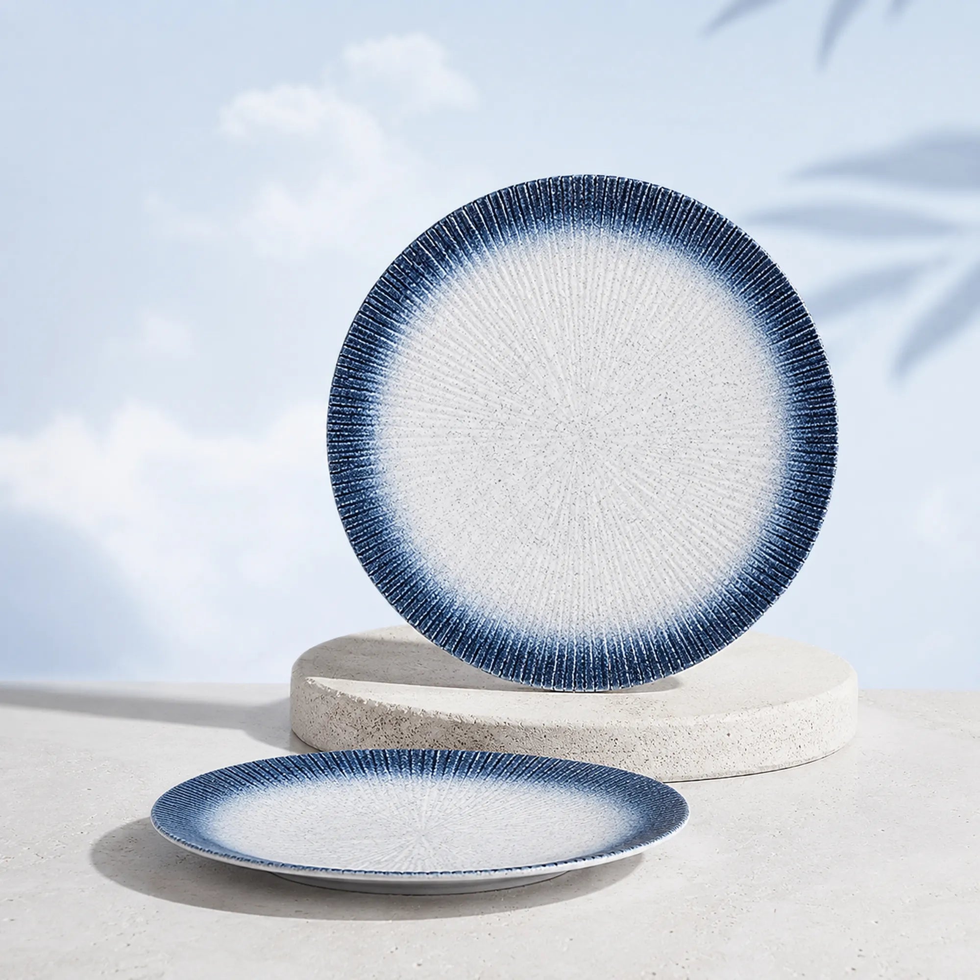 Midnight sky blue ceramic dinner plate with layered glaze finish