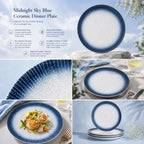 Detailed overview infographic of midnight sky blue ceramic dinner plate featuring layered glaze texture, dining atmosphere, and product dimensions