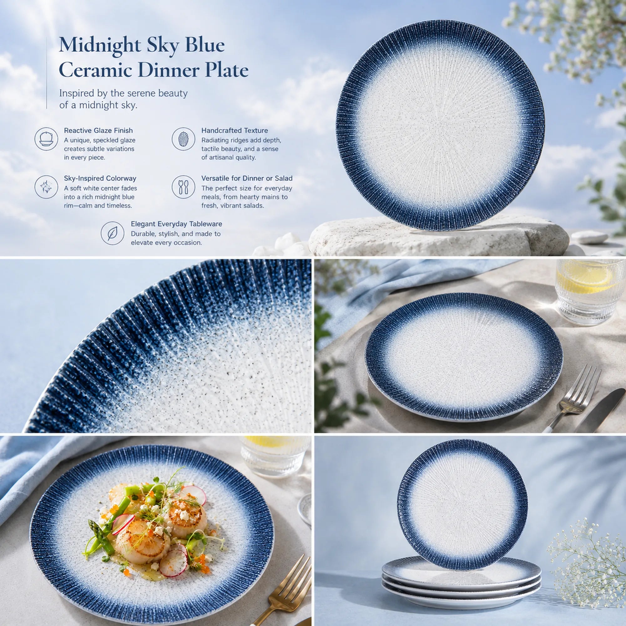 Detailed overview infographic of midnight sky blue ceramic dinner plate featuring layered glaze texture, dining atmosphere, and product dimensions