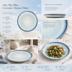 Detailed overview infographic of airy sky blue ceramic dinner plate featuring soft glaze finish, dining styling, and product specifications