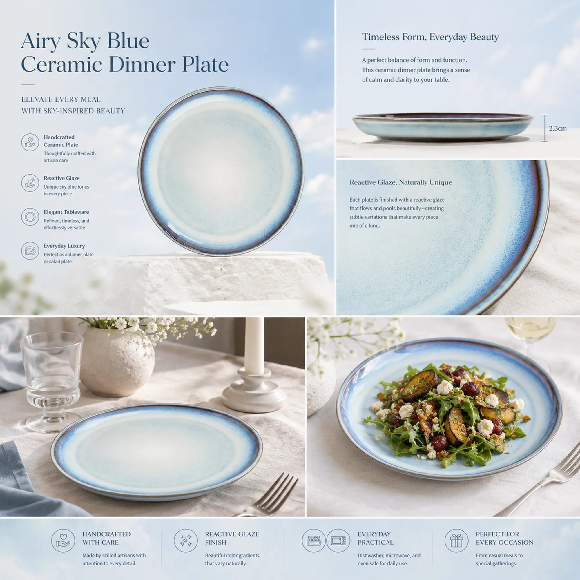 Detailed overview infographic of airy sky blue ceramic dinner plate featuring soft glaze finish, dining styling, and product specifications