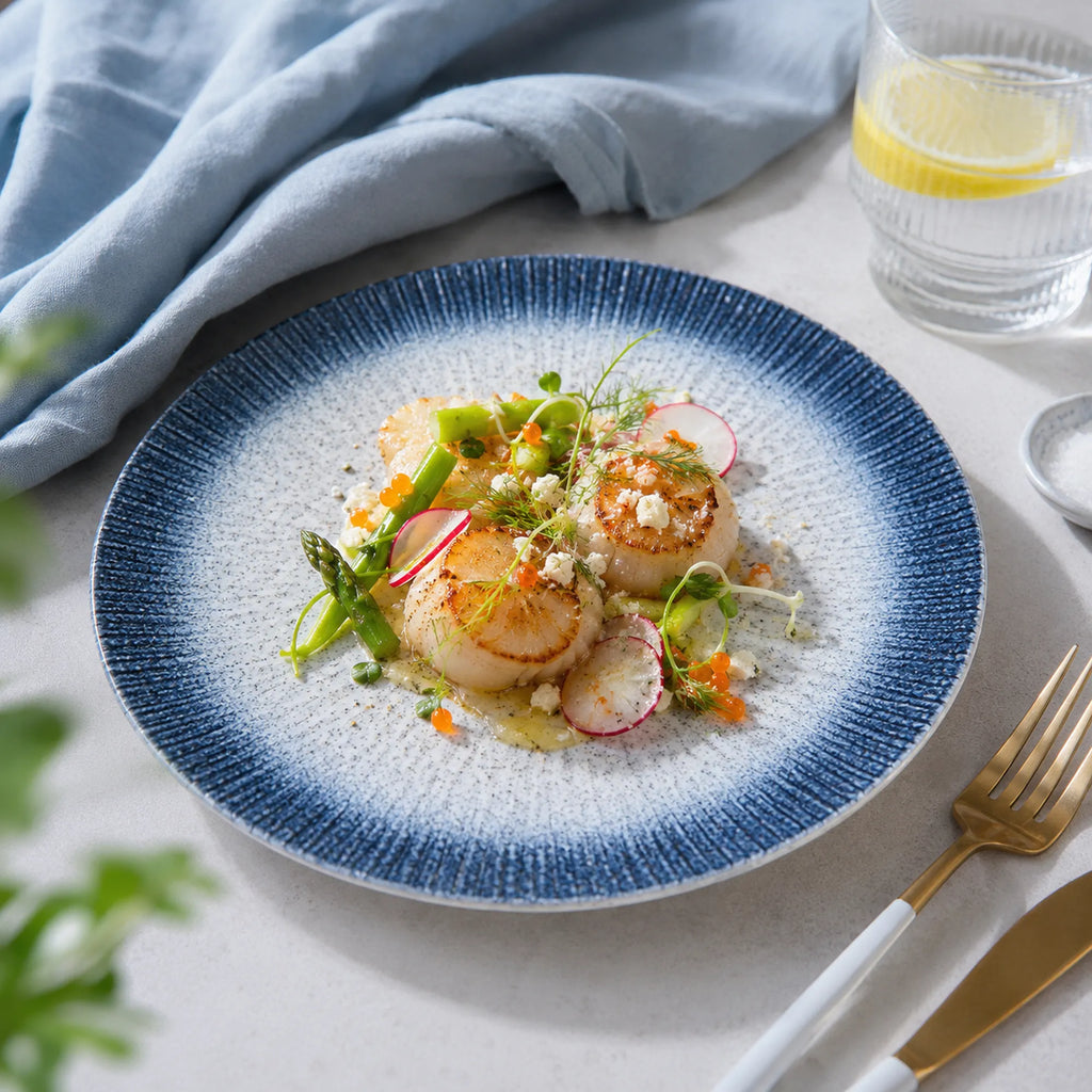 Midnight sky blue ceramic dinner plate served with fresh food