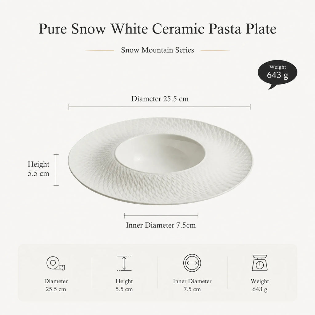 Dimensions of pure snow white ceramic pasta plate