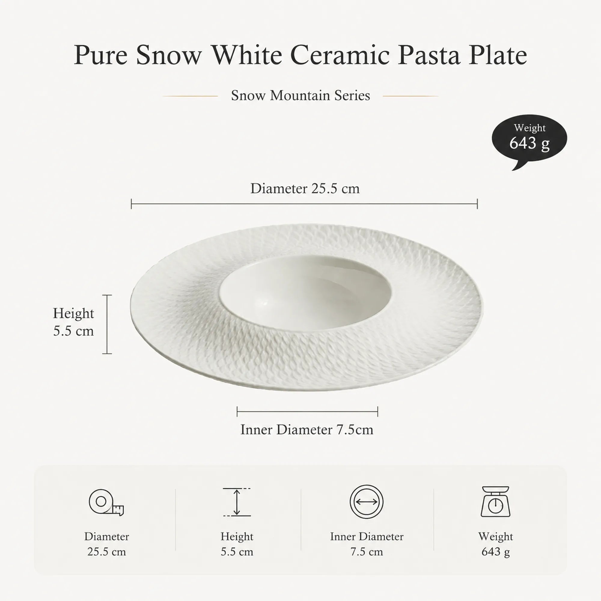 Dimensions of pure snow white ceramic pasta plate