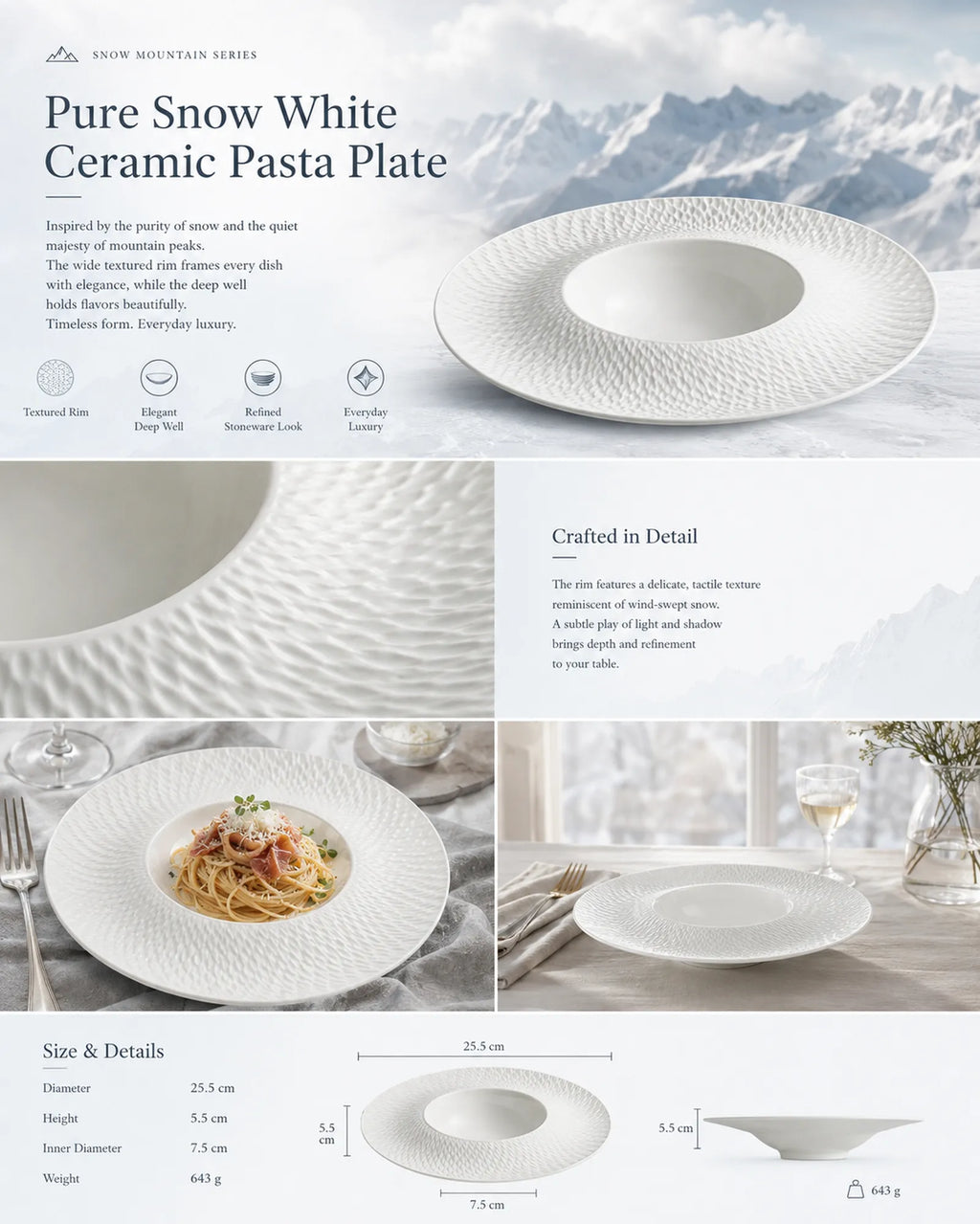 Detailed overview infographic of snow white ceramic pasta plate featuring clean glaze texture, food presentation, and product specifications