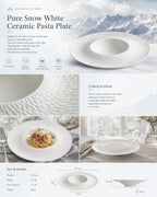 Detailed overview infographic of snow white ceramic pasta plate featuring clean glaze texture, food presentation, and product specifications