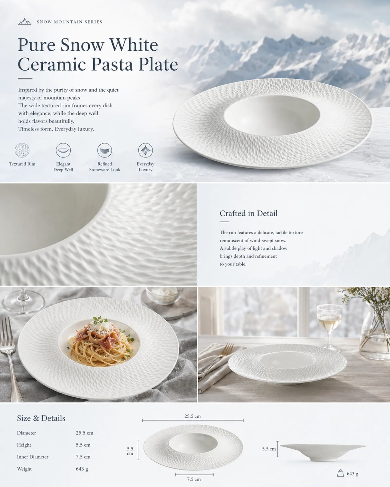 Detailed overview infographic of snow white ceramic pasta plate featuring clean glaze texture, food presentation, and product specifications