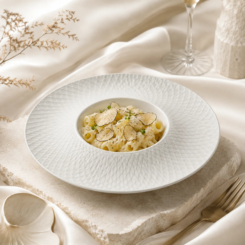 Snow white ceramic pasta plate styled with pasta