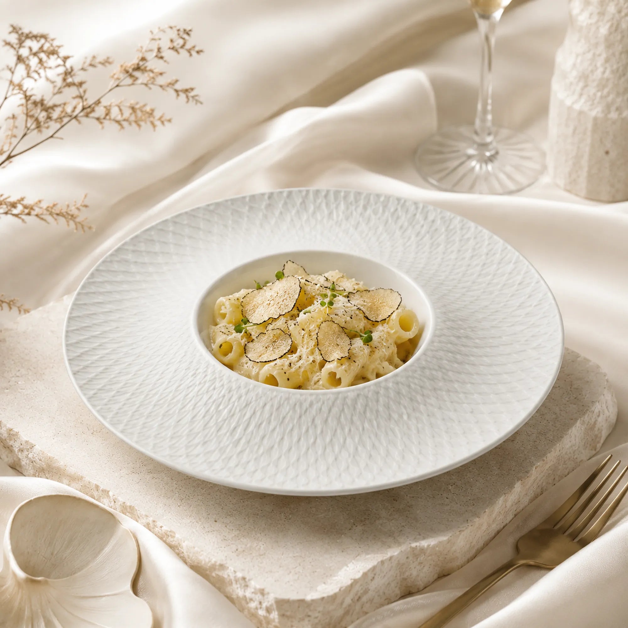 Snow white ceramic pasta plate styled with pasta