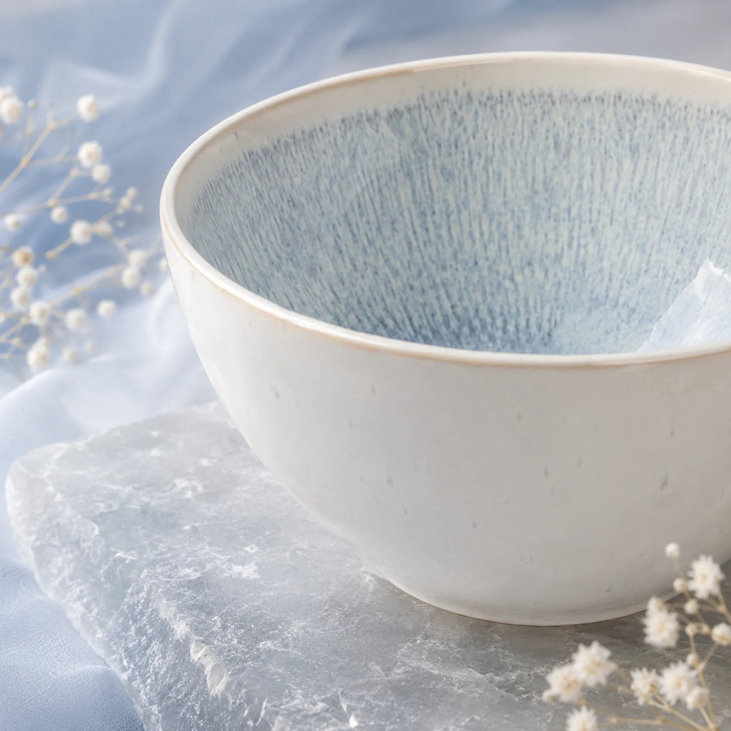 Close-up glaze detail of snow white ceramic rice bowl