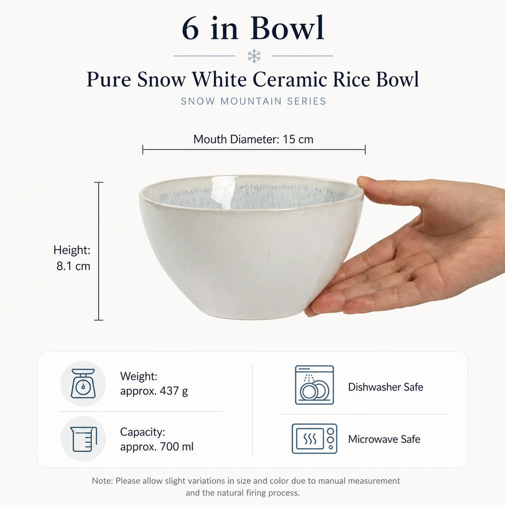 Dimensions of pure snow white ceramic rice bowl
