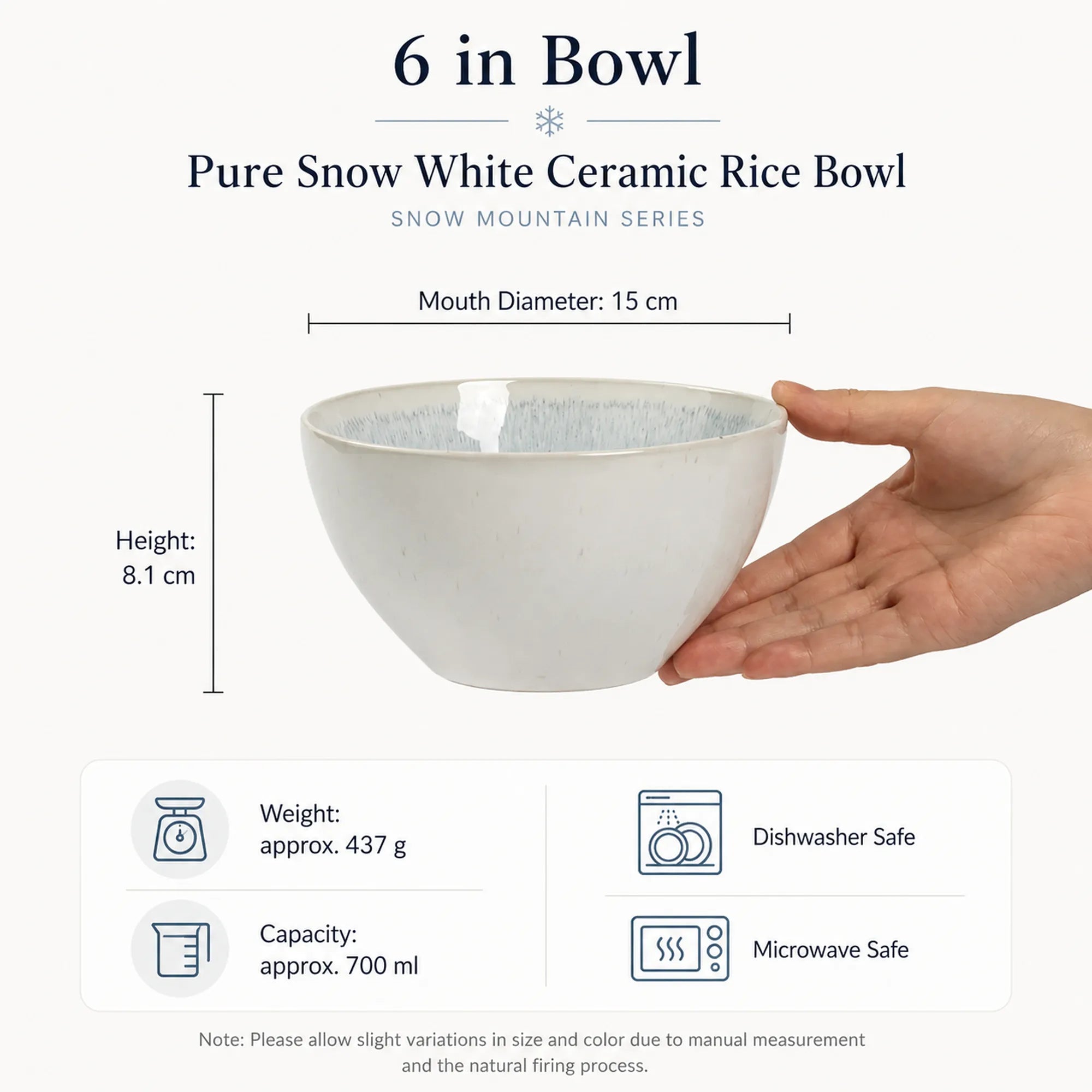 Dimensions of pure snow white ceramic rice bowl