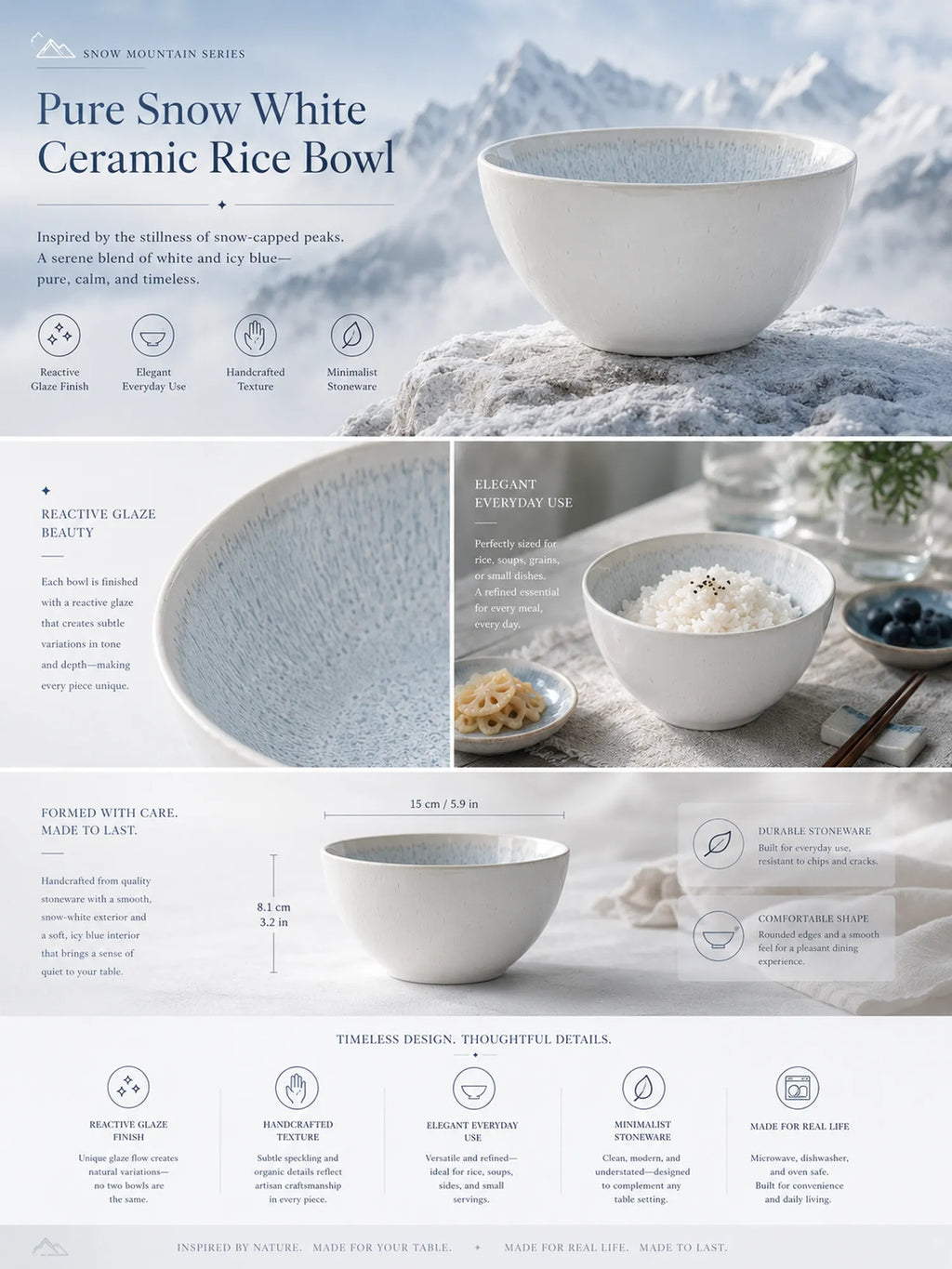 Detailed overview infographic of snow white ceramic rice bowl featuring glossy ceramic texture, dining styling, and product dimensions
