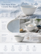 Detailed overview infographic of snow white ceramic rice bowl featuring glossy ceramic texture, dining styling, and product dimensions