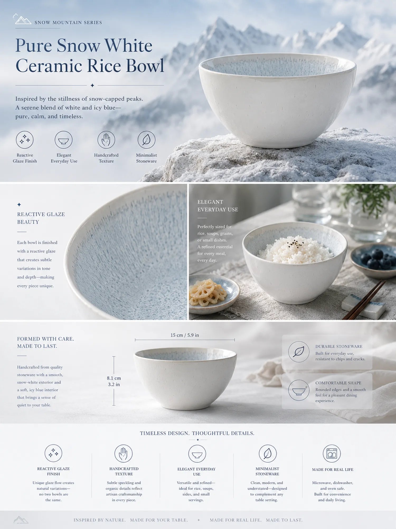 Detailed overview infographic of snow white ceramic rice bowl featuring glossy ceramic texture, dining styling, and product dimensions