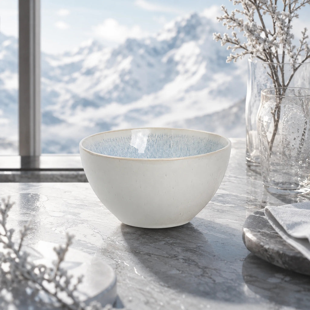 Snow white ceramic rice bowl styled on a minimalist dining table